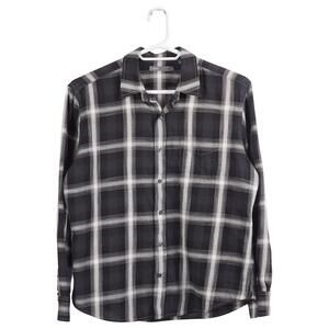 VINCE Shirt Men's L Black Gray Plaid Cotton Button-Up Long Sleeve Casual